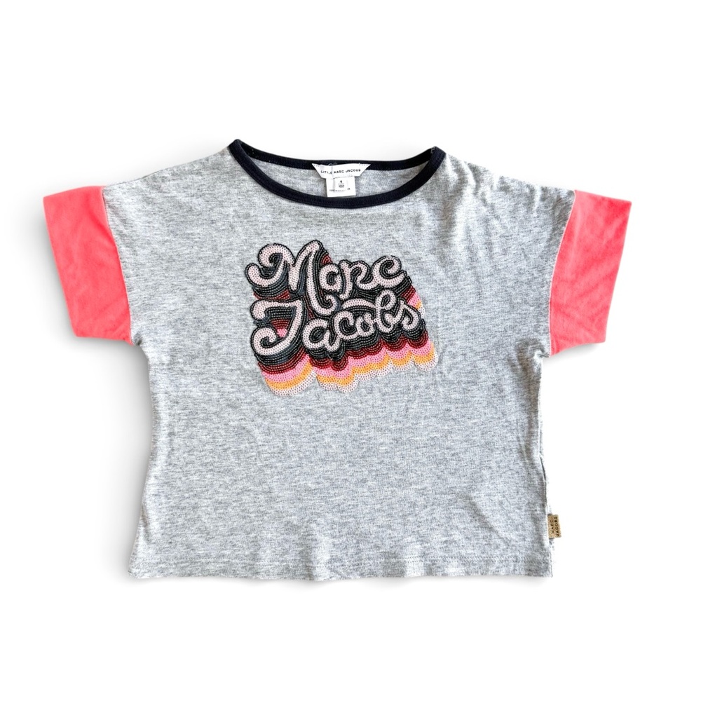 Little Marc Jacobs Sequin Logo Tee Gray Short Sleeve T-Shirt Girls Sz 4 (102)